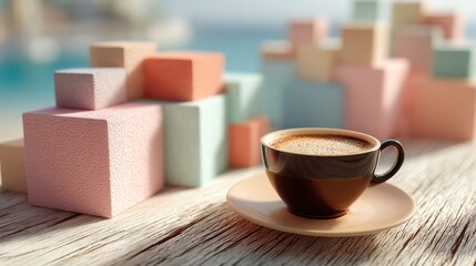 Dark Brown Coffee Cup on Wooden Table with Pastel Cubes and Ocean View