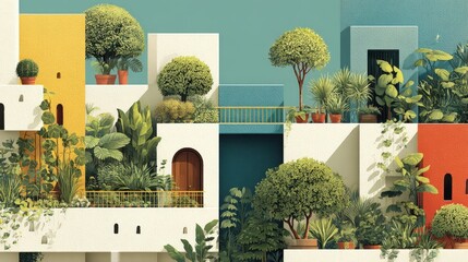 Pixel Art Cityscape with Colorful Buildings and Lush Greenery