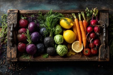 Vibrant Rainbow Vegetables in Rustic Wooden Tray