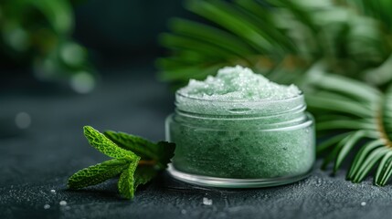 A jar of refreshing mint green sugar scrub, surrounded by natural greenery, highlights self-care and beauty rituals, inviting users to indulge in relaxation and freshness.