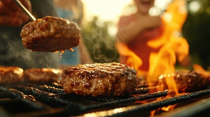 This vibrant image illustrates grilling juicy burgers over an open flame at sunset, capturing the essence of outdoor cooking and the excitement of summer gatherings.
