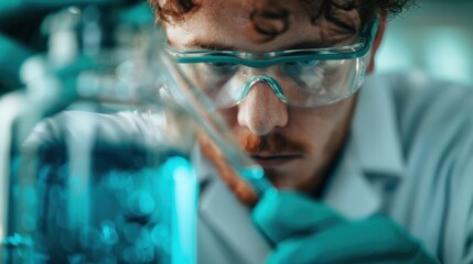 A concentrated scientist wearing protective goggles meticulously observes a chemical reaction in the lab, highlighting the dedication to discovery and innovation in scientific research.