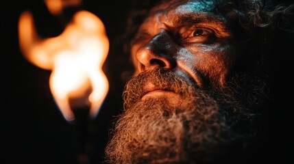 A rugged man gazes intensely into the distance, illuminated by the flickering flame of a torch, highlighting his weathered features and evoking a sense of strength and resilience.
