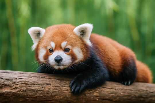 Adorable red panda lying on a tree branch with soft fur and curious eyes, surrounded by green natural background.