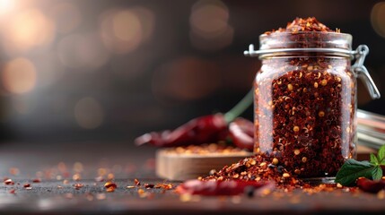 A stunning close-up of a glass jar filled with vibrant chili flakes, accompanied by dried red peppers, exuding a sense of heat and flavor essential for culinary enthusiasts.
