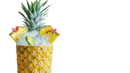 Pineapple-shaped cooler filled with ice cubes and tropical drinks, white background, summer props, PNG