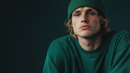 A portrait of a young man wearing a green beanie and oversized sweater, capturing contemporary fashion trends and a relaxed, youthful vibe in an artistic style.