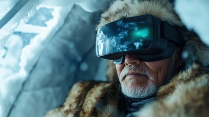 An elderly man using virtual reality technology, elegantly dressed in a fur coat, demonstrating how VR connects different generations to new experiences regardless of age.