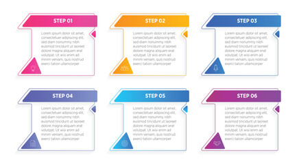 Colorful Business infographics design for Six Step, option, parts or process. Infographic 6 element design template for presentation. process diagram, step banner, flow chart, 6 option template.
