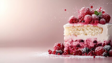 This beautifully decorated cake topped with fresh berries and splashes of berry syrup embodies indulgence and freshness, making it a perfect centerpiece for any celebration.