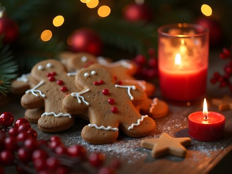 Enjoying Christmas Gingerbread Cookies with Candle and Festive Decorations
