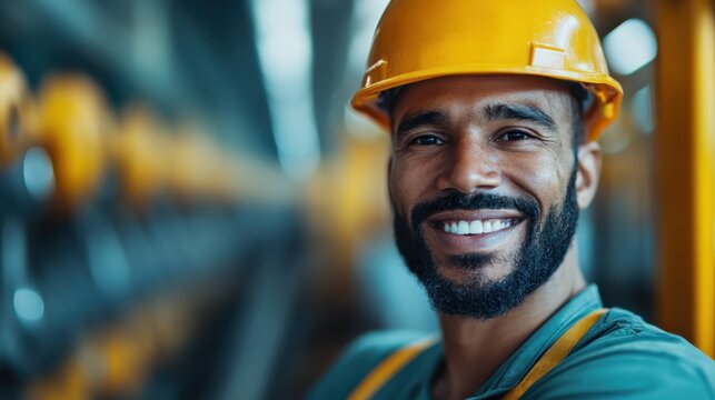 A cheerful and confident worker in a bright yellow helmet showcases professionalism in the construction industry, emphasizing safety and teamwork in an industrial environment.