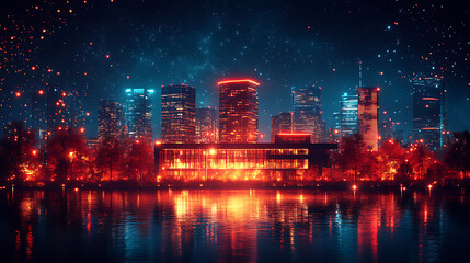 Enchanting Nightscape Cityscape Reflection with Glowing Lights and Sparkling Sky