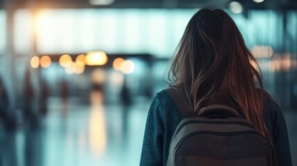 A solitary woman with a backpack gazes contemplatively in an airport terminal, encapsulating feelings of anticipation and reflection before a journey.