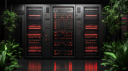 Modern Data Center with Lush Greenery Sustainable Technology Concept