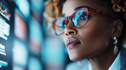 An intense expression of a professional woman deep in thought while analyzing data on screens, symbolizing innovation, ambition, and the pulse of modern technology.