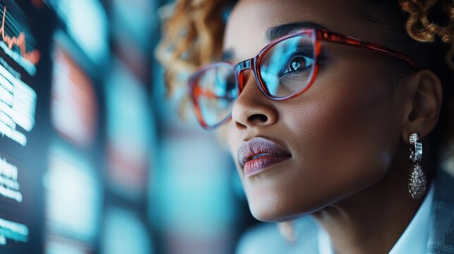 An intense expression of a professional woman deep in thought while analyzing data on screens, symbolizing innovation, ambition, and the pulse of modern technology.