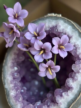 Fresh lavender flowers resting on purple amethyst display