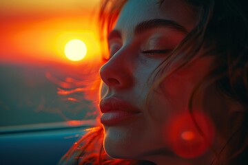 A close-up of a young woman’s face illuminated by a warm sunset, capturing her peaceful expression and the vibrant colors of the twilight sky around her.