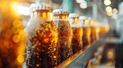 A production line featuring bottles of carbonated beverages, capturing the essence of freshness and efficiency in a vibrant environment filled with sparkling bubbles.