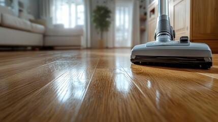 A modern vacuum cleaner is seen up close on a gleaming wooden floor, showcasing the importance of cleanliness and contemporary home aesthetics in today's lifestyle.