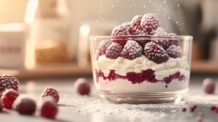 A tempting dessert featuring fresh raspberries layered on creamy whipped cream, dusted with powdered sugar, creating a delightful and appetizing appearance.
