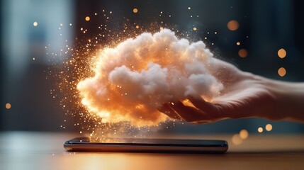 A hand emerges from a smartphone, creating a vivid explosion of colors, symbolizing creativity, innovation, and the digital age of technological possibilities.