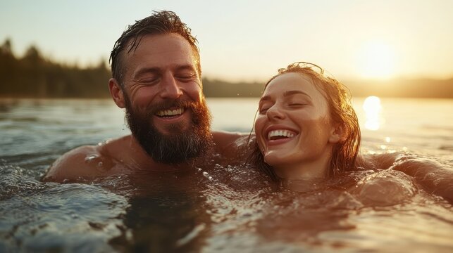 A joyful couple smiles at each other while swimming in a tranquil lake during sunset, radiating love and connection, surrounded by nature's serene beauty. - Powered by Adobe