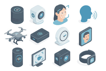 Futuristic ai technology icons featuring drone and wearable devices