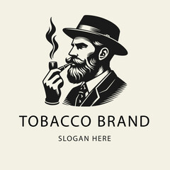Vintage black and white logo of a bearded gentleman in a suit and hat smoking a pipe. Flat vector illustration in minimalist retro style, perfect for branding or barbershop design.