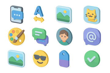 Colorful 3d icons of apps and emojis for digital communication