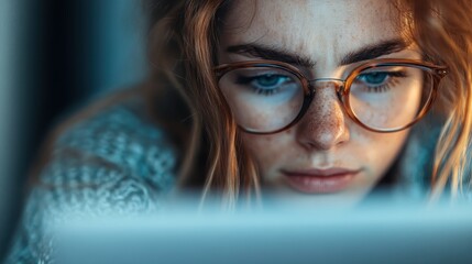 A young woman with glasses intensely focuses on her laptop screen, displaying concentration and dedication, reflecting the essence of modern work and digital engagement.