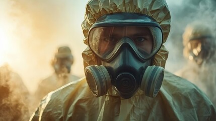 A group of masked individuals in protective gear appears shrouded in mist, signifying themes of safety, caution, and contemporary issues related to health crises.