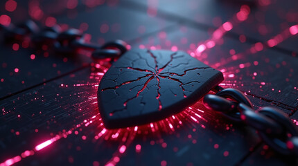 Cybersecurity data breach protection concept, featuring a shield with a cracks, symbolizing vulnerability, held together by chains.