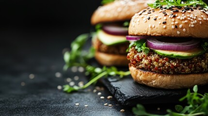 Two enticing quinoa burgers layered with fresh vegetables rest on a dark slate plate, showcasing vibrant colors and healthy food choices for an appealing culinary experience.