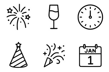 Minimal New Year Icons with Fireworks, Clock, Champagne, and Party Hat