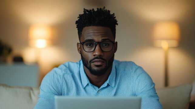 A focused young man with glasses sits on a couch, working intently on his laptop in a warmly lit room, portraying productivity, modern lifestyle, and intimate home office ambiance.