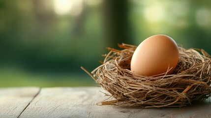 An organic egg placed delicately in a rustic nest of dry twigs, symbolizing new beginnings and nature's beauty in a serene outdoor setting for peaceful aesthetics.