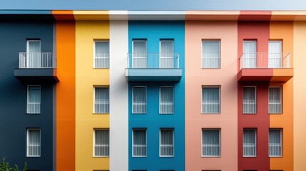 Obraz premium An artistic view of a modern multicolored building facade featuring bright, bold colors and geometric shapes, reflecting contemporary urban architecture and style.