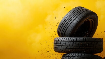 A vibrant composition of stacked tires against a striking yellow background, emphasizing motion and energy, suitable for themes of sports and automotive culture.