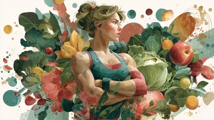 Illustration of a muscular female wearing athletic gear surrounded by vegetables. This image was created using AI generative technology.