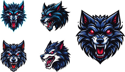 A fierce, snarling wolf mascot with glowing red eyes, sharp teeth, and dark blue fur, designed as a bold, aggressive sports team logo in vector art, symmetrical, and detailed. vector illustration. © AI Master