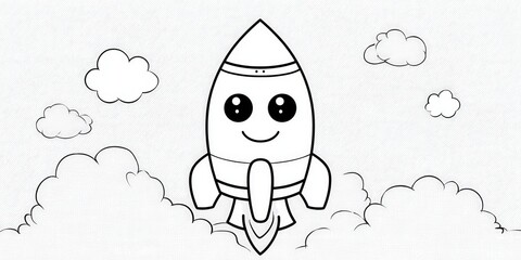 A cheerful cartoon rocket character soaring among fluffy clouds in a whimsical atmosphere creates an imaginative setting that captures the essence of adventure and exploration