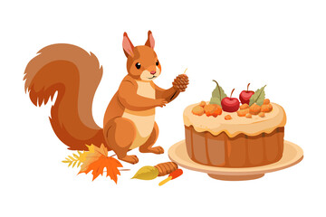 Cute squirrel with autumnal cake and pinecone