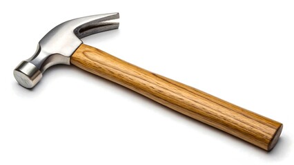 "A professional, high-resolution product photo of a claw hammer. The hammer has a smooth, polished wooden handle with visible wood grain texture and a shiny silver metallic head. The hammer is placed 