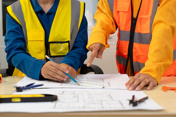 Two engineers in safety vests review blueprints at desk