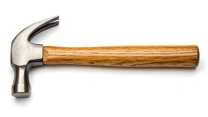 "A high-resolution product photo of a claw hammer with a polished wooden handle and a shiny metallic head, placed on a white background. The hammer is centered and fully visible, showing both the stri