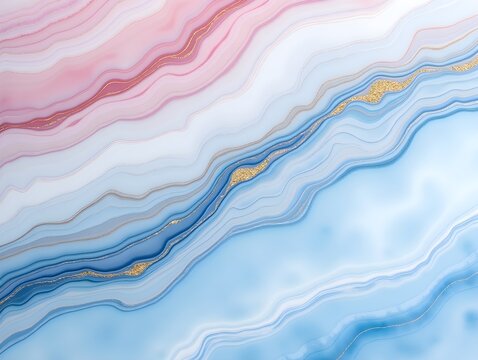 Abstract background of layered mineral with blue pink and white hues. Gold accents and marble like stone texture and natural pattern.