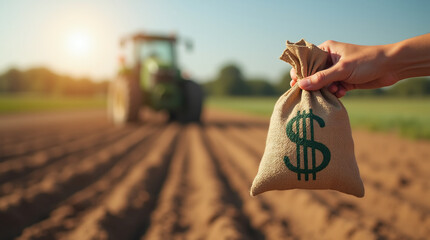 A hand holding a money bag with a dollar sign in a field, symbolizing agribusiness loans and financial support for farming.