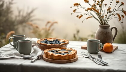 Rustic outdoor table setting with a freshly baked blueberry pie